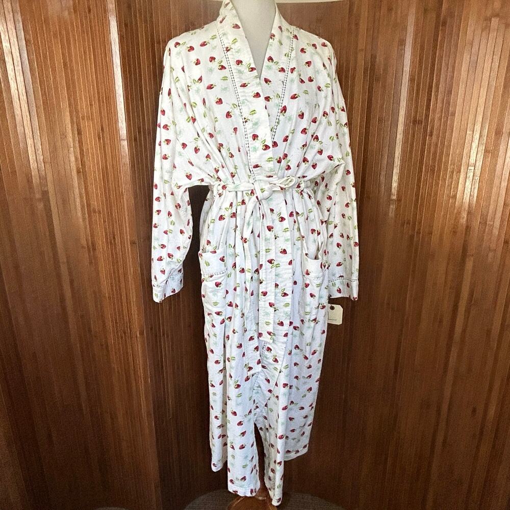 Vintage Anne Lewin Strawberry Print Cotton Robe Size L 80s 90s Loungewear
